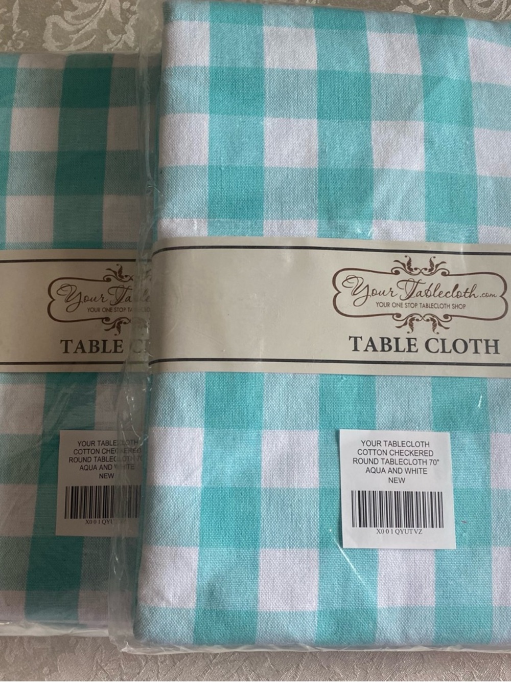 Aqua and White Checkered Cotton Tablecloth
